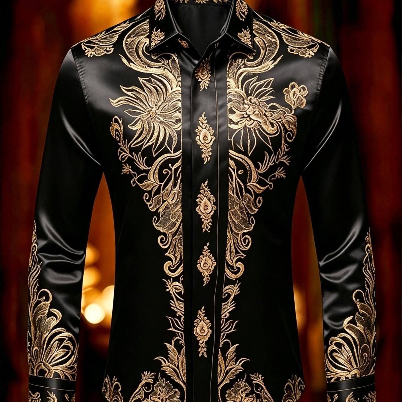 Image of Men's Golden Pattern Vintage Long Sleeve Button- Shirt, Casual Party Business Dress Shirts For Men - Glossy Fabric Stylish Luxurious Shirt Father's Day Men's Gift Nightclub Party/dances
