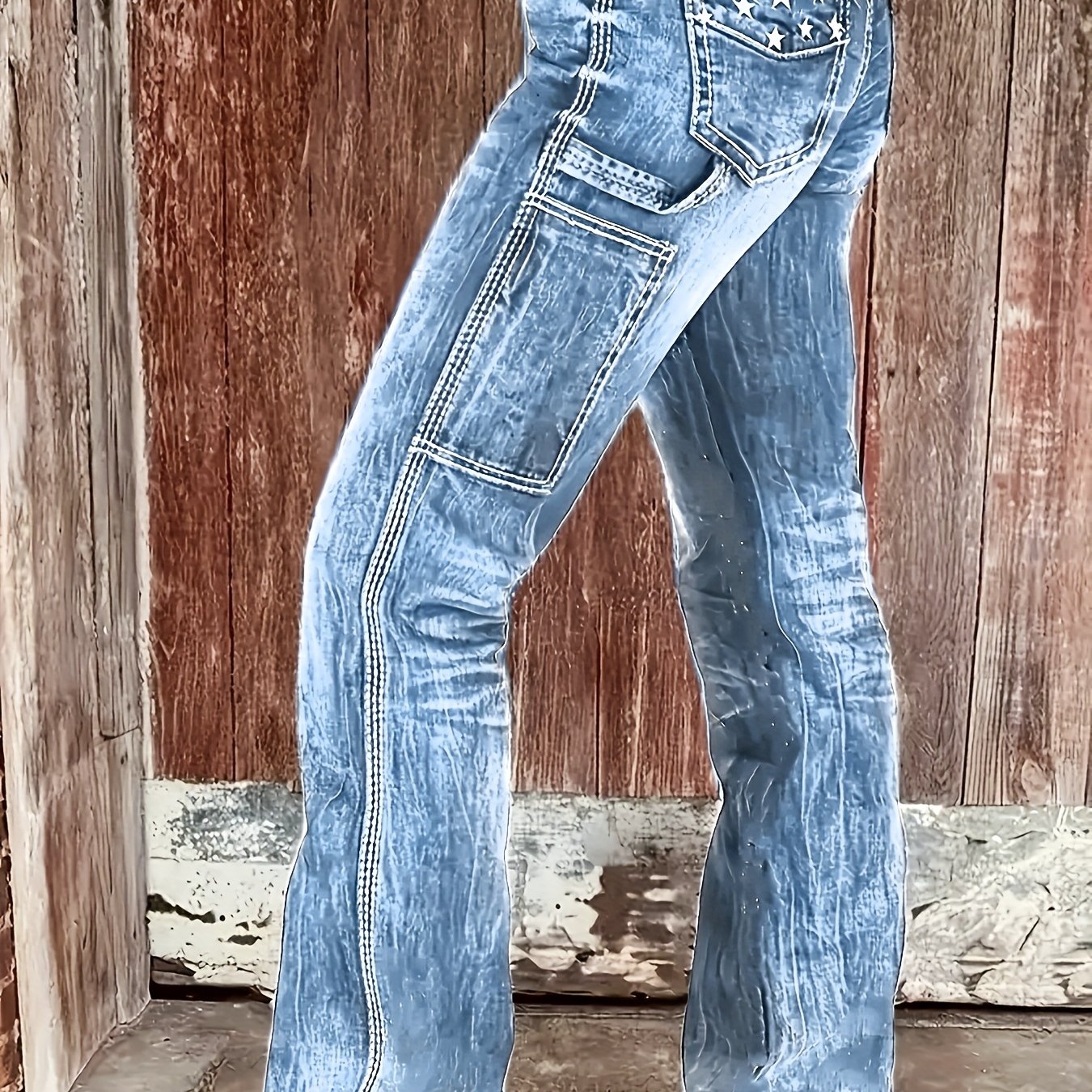 . Descendant Five-pointed Star Embroidery '' Multi-pocket. Heavy-duty Washing. Multiple . Tie-dye. Stretch Flared Pants Denim Jeans