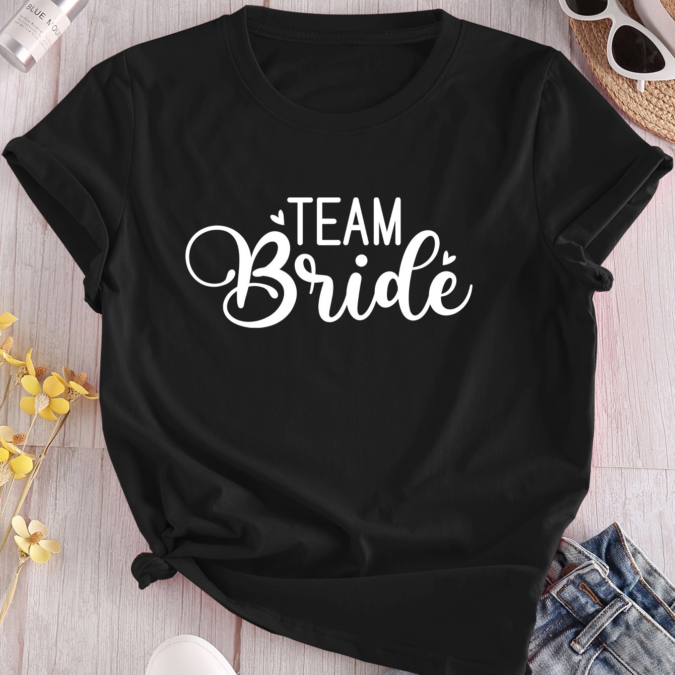 TEMU Camiseta de Mujer con Estampado de para Novia y Damas de Honor - Cuello Casual, Manga Corta, Lavable a Máquina, Largo Regular