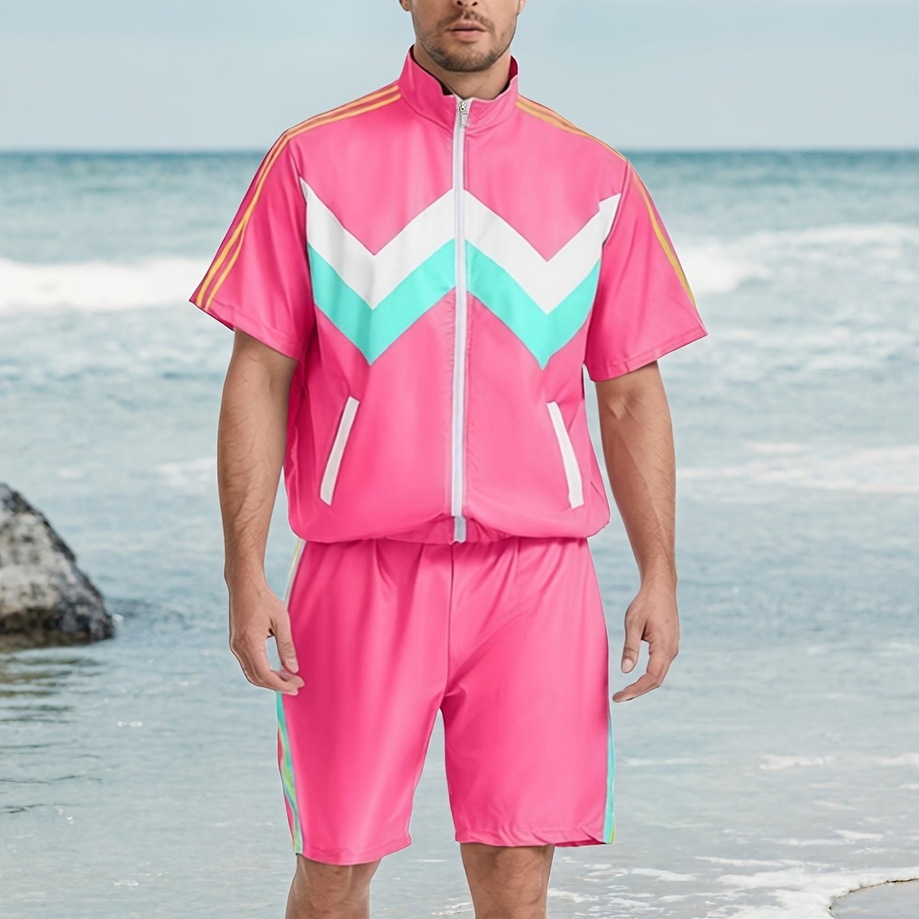 Men's 80s Workout Costume, Retro Color Block Sports Outfit