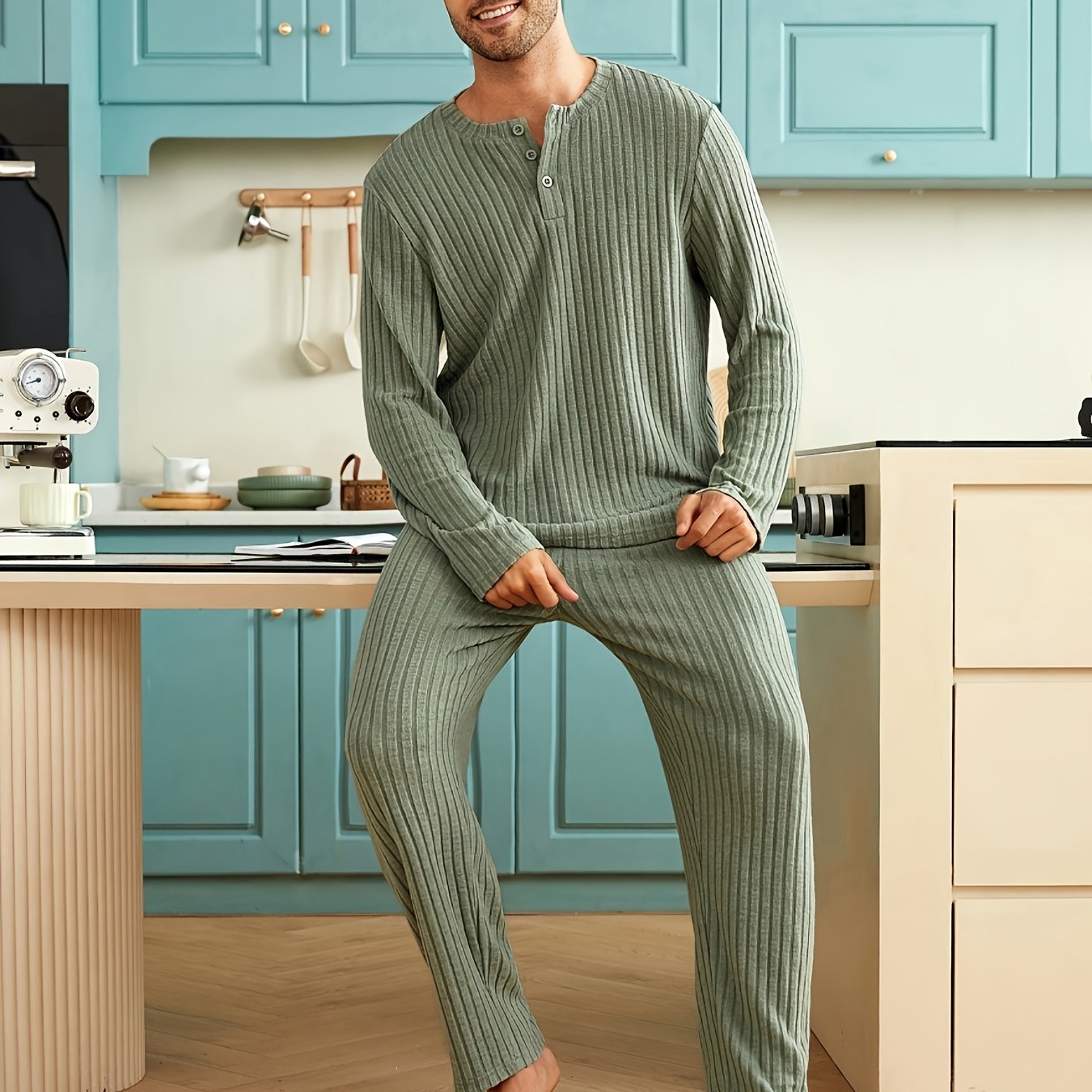 Autumn Winter New Style Ribbed Fleece Solid Color Long Sleeve Long Pants Button-up Pajama Casual Set