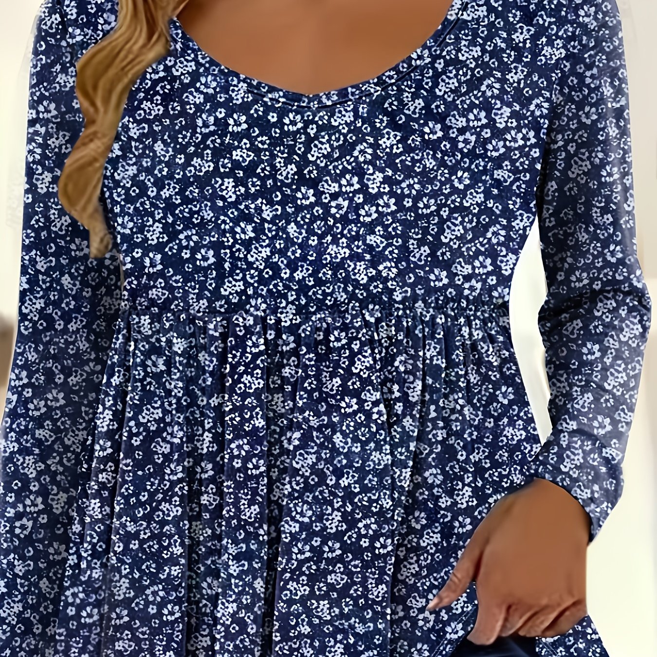 Image of Plus Size - Plus Size - Women's Plus Size Elegant Long Sleeve Floral T-shirt, Ruched V-neck Top, Mid-stretch, Machine Washable, Perfect For Fall Winter