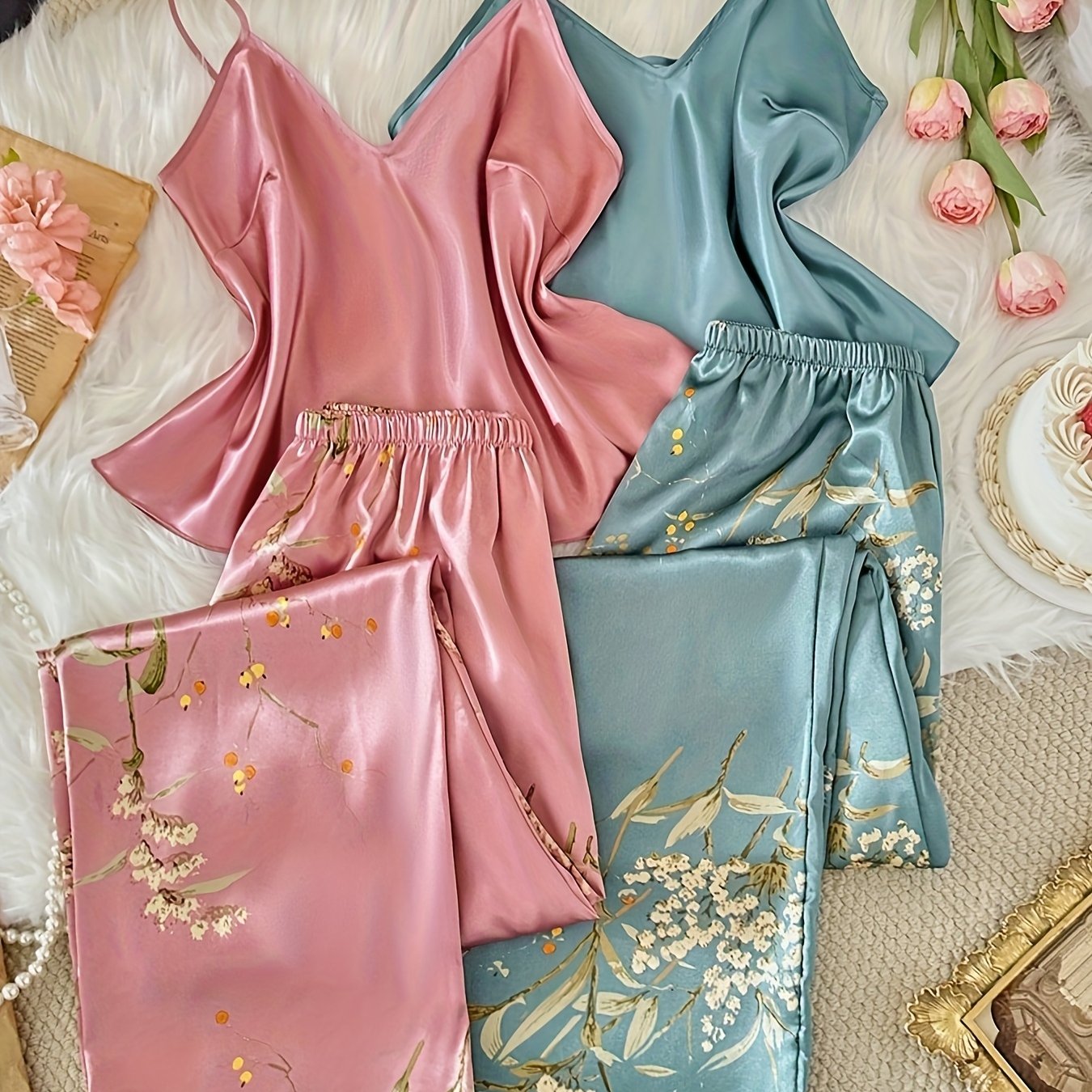 E-shop 4-teiliges Damen-Cherry-Print-V-Ausschnitt-Spaghetti-Träger-Oberteil und Hose Pyjama-Set, lässiger Stil, für alle Jahreszeiten, Druckmuster,