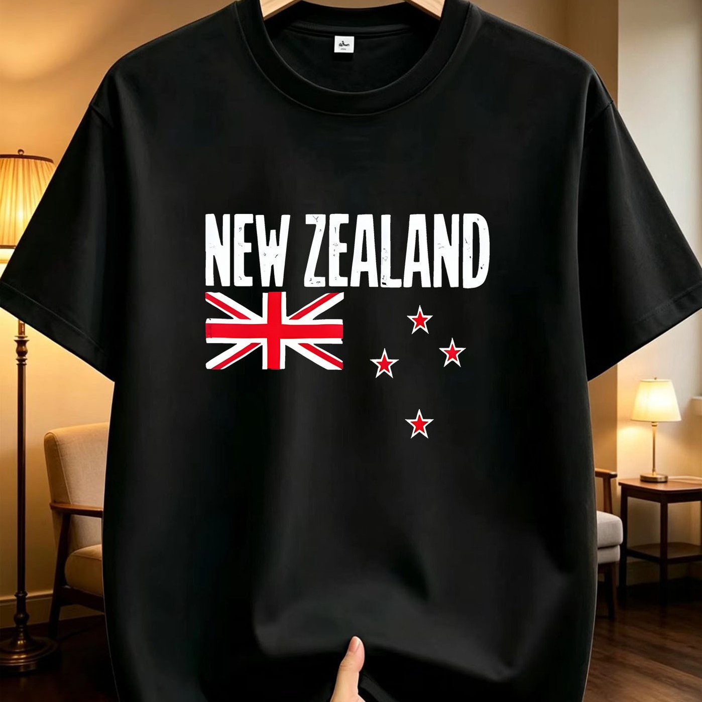 TEMU Loose-fit Short-sleeve T-shirt For Teenage Boys, Featuring A Vintage New Zealand With Distressed Lettering, In -style Urban Look, Suitable For ,