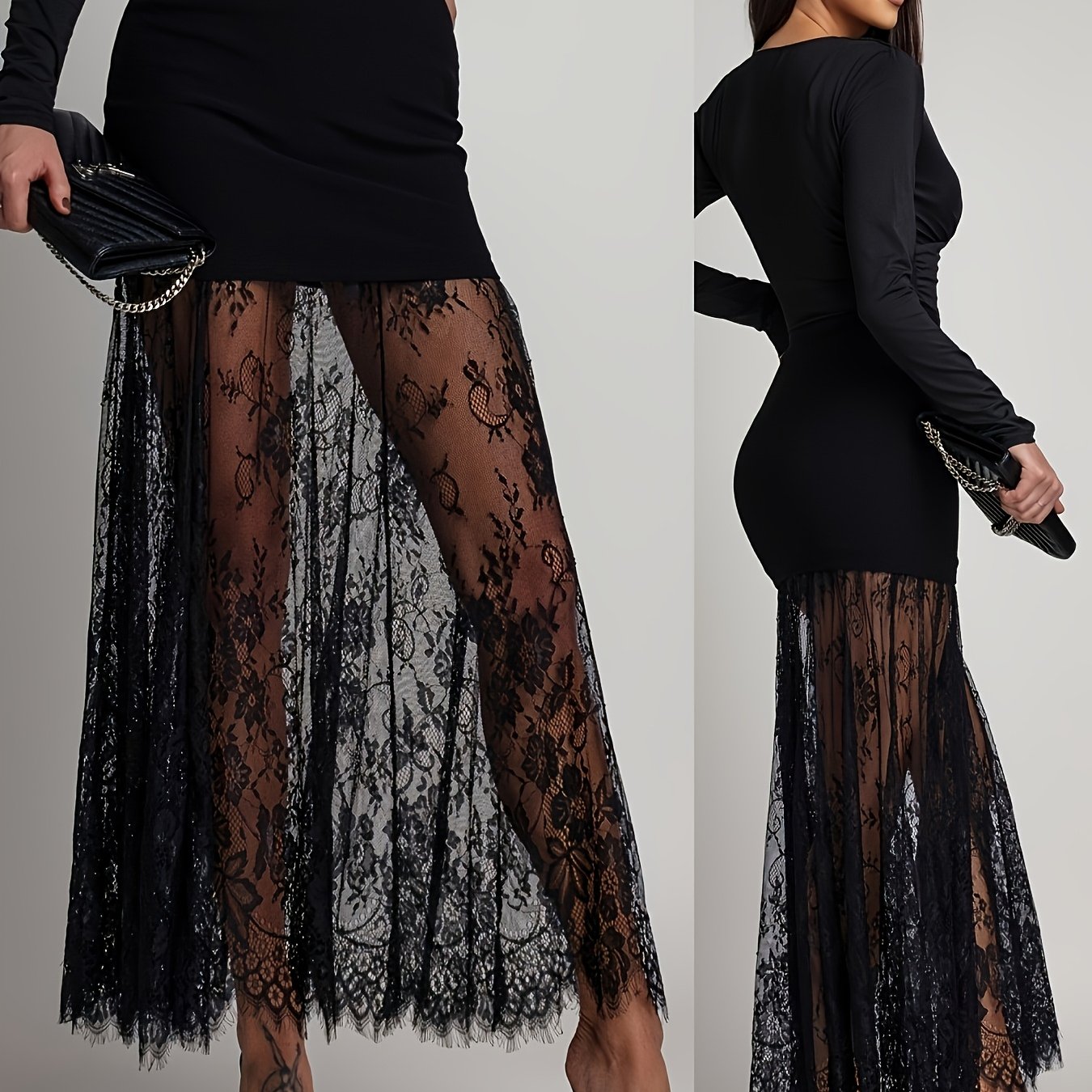 E-shop Eleganter Bodycon-Rock mit spitzem Kantenverlauf, schwarzes Spitzen-Patchwork mit Quasten, exquisites Detail, transparenter High-Waist-Rock mit
