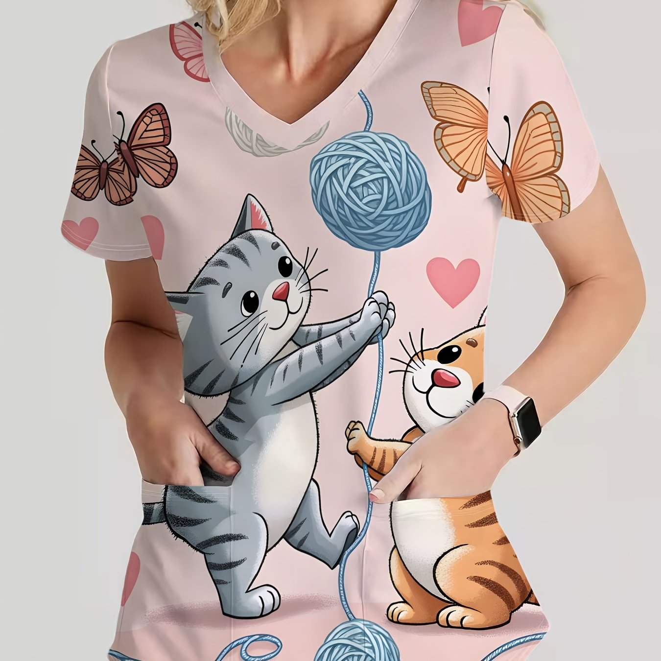 TEMU Ladies' Short-sleeve V-neck T-shirt, Elegant And Stylish Work Uniform For Caregivers, Featuring A Cute Print Of Adorable Cats And Butterflies