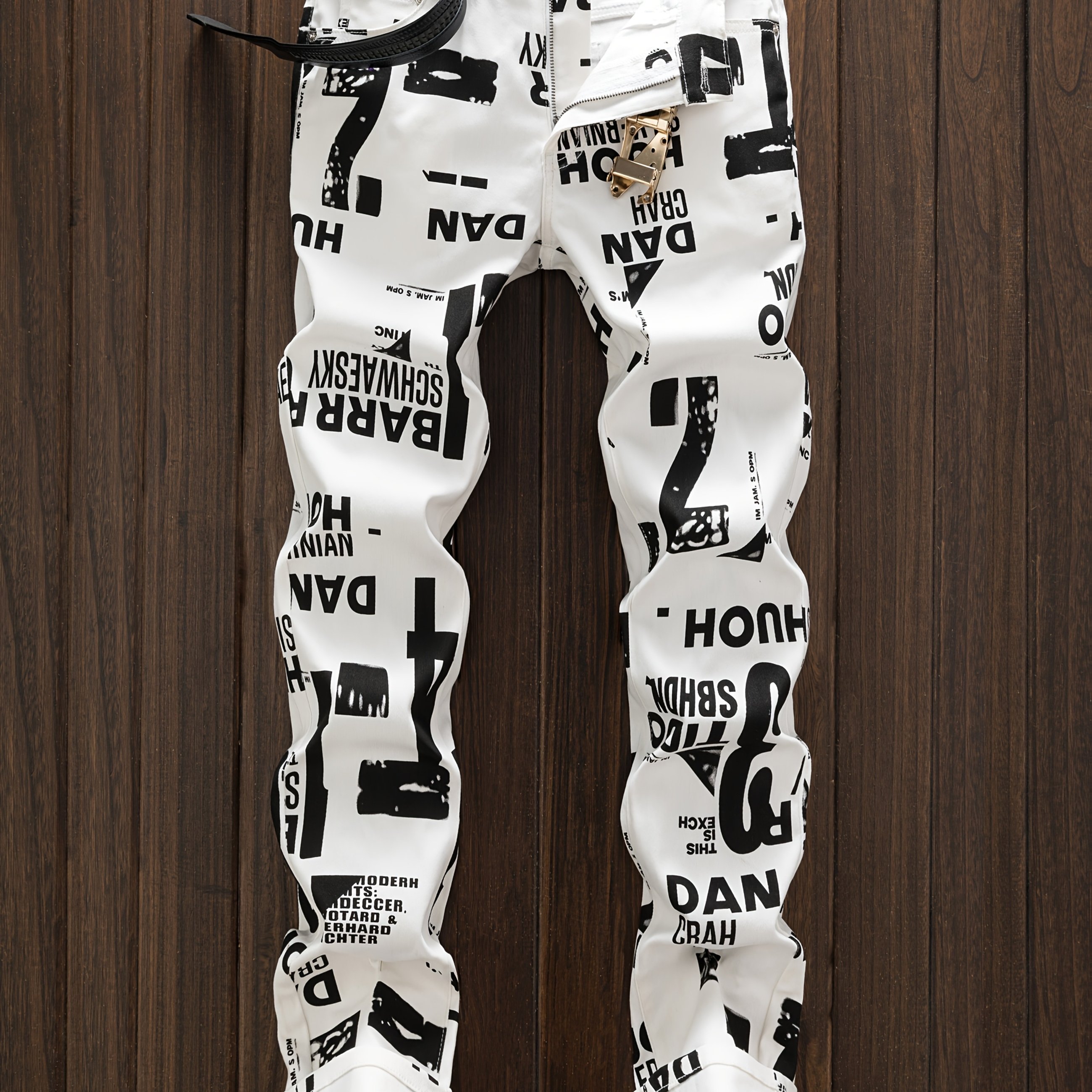 TEMU Men's Slim-fit Streetwear Straight-leg Jeans With Letter Print - Black & White Casual Denim Pants For , Comfortable And Stylish, Street Style