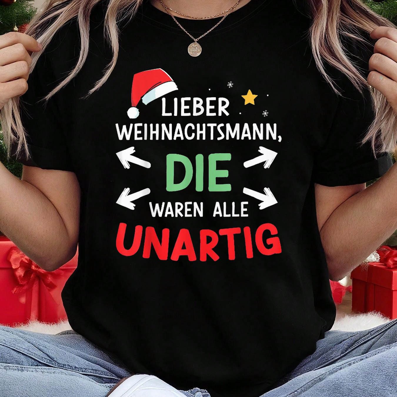 Image of Christmas Lieber Weihnachtsmann, Die Waren Alle Letter Print Women's Round Neck Spring And Summer Short Sleeve T-shirt, Casual Shopping Holiday Gift, Gathering Outfit