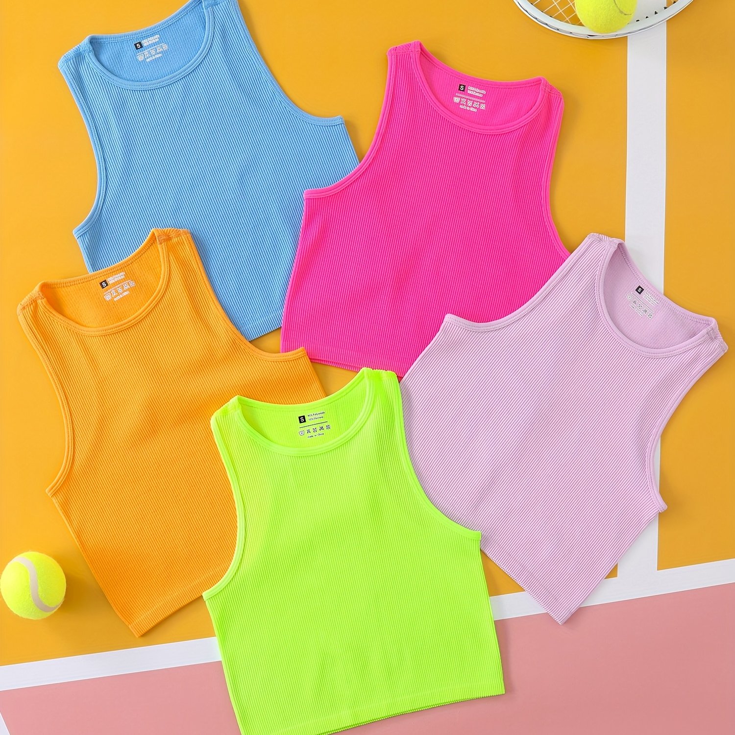TEMU Fly 5-pack Seamless Ribbed Crop Tank Tops For Women Soft Breathable, No Padding, 5 Solid Colors, Comfortable Activewear For Yoga, Gym, Workout &