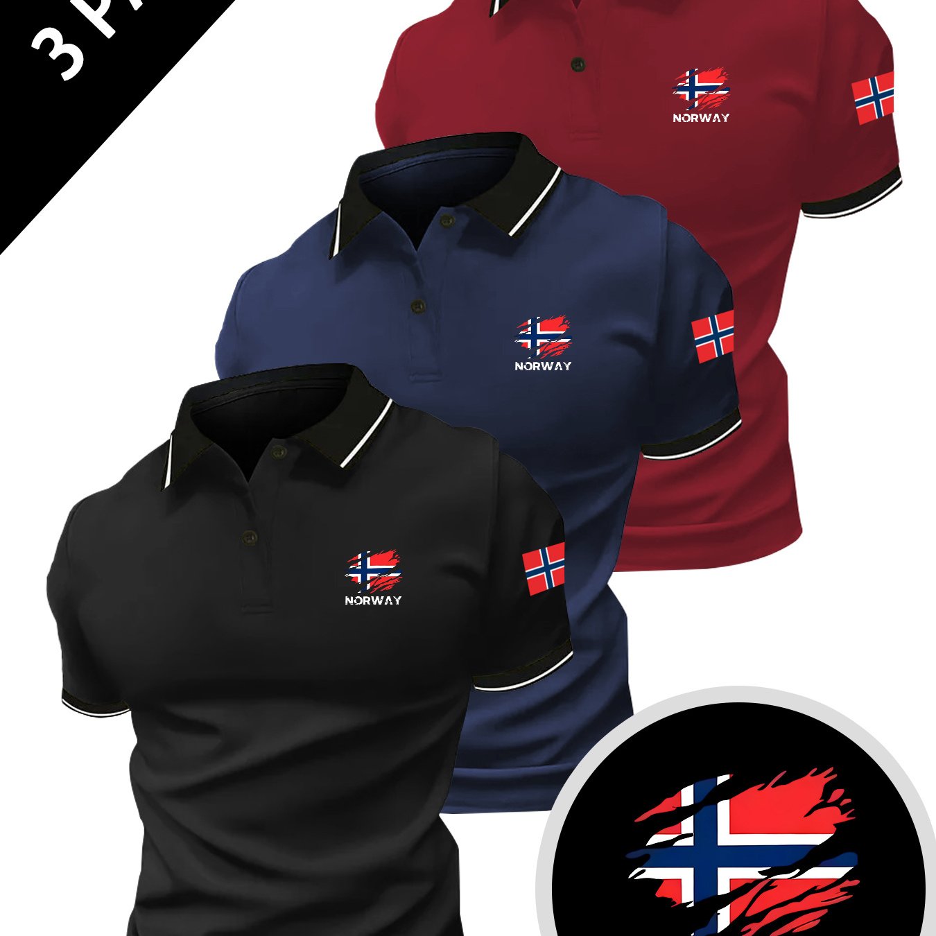 TEMU Set Of 3 Men's Casual Sports Shirts With A 'norway' Print Pattern, Featuring A Comfortable And Breathable Design For Summer Outdoor Activities