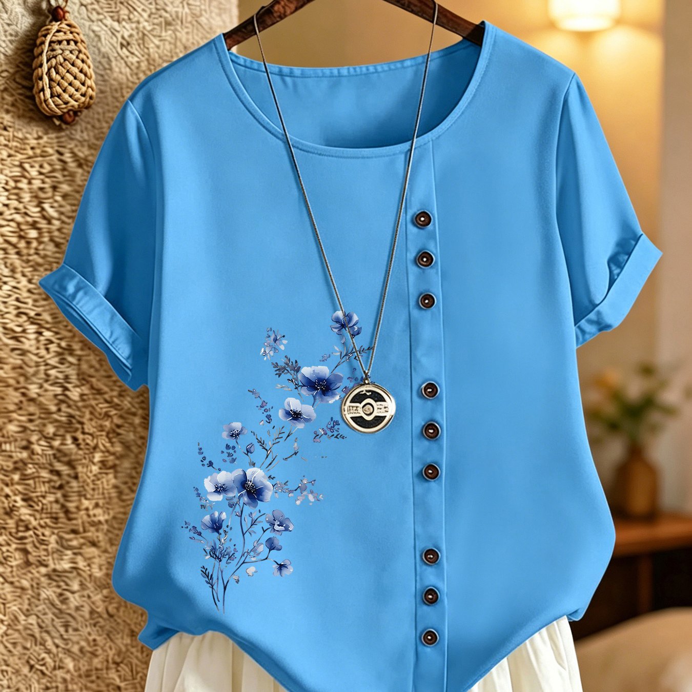 TEMU Women's Short Sleeve Button-up Shirt Top, Blue Floral Plant Pattern, Bohemian Vintage Style All-match Elegant Comfortable Lightweight Breathable