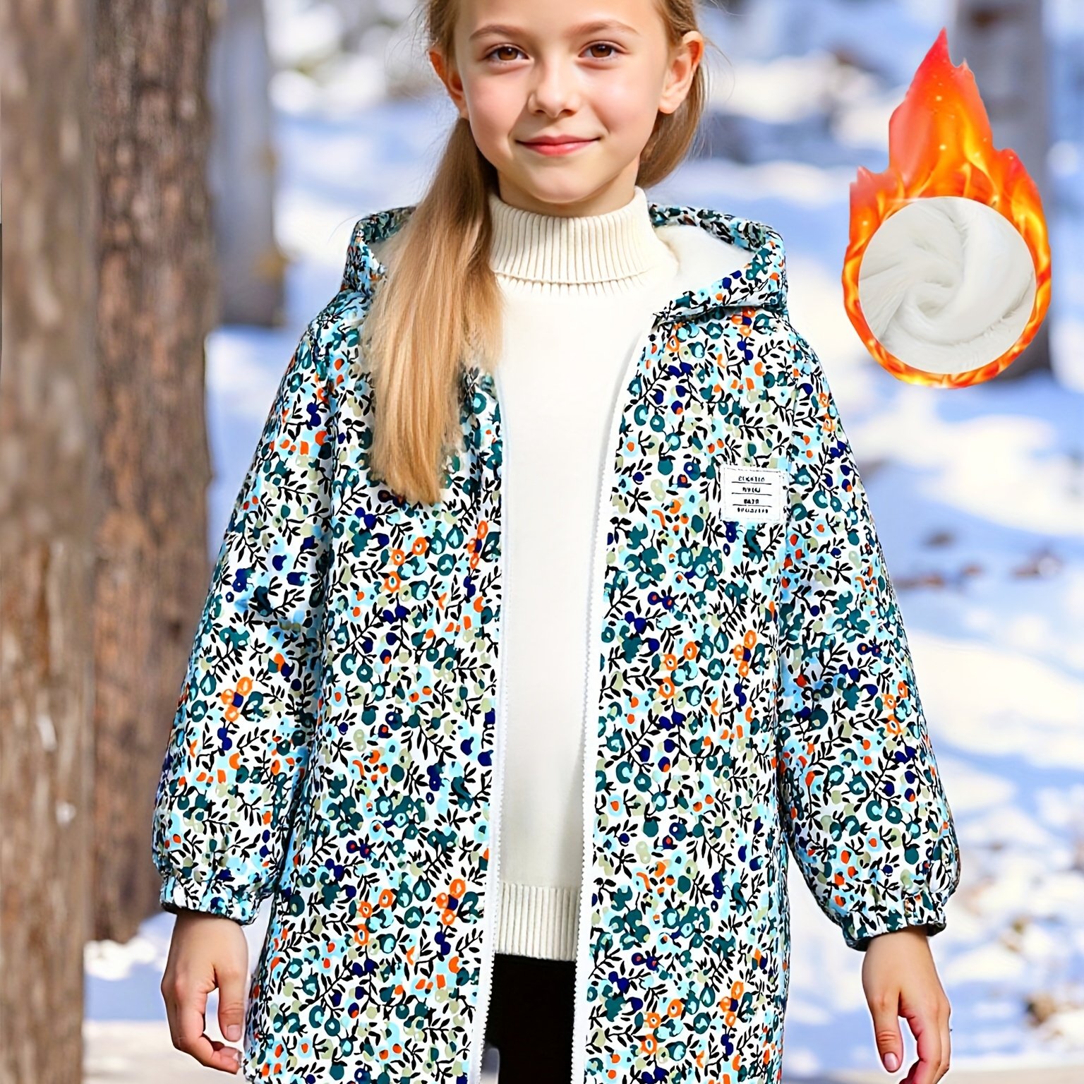 Girls 100-150 Yards Fall Winter Full Print Fleece Lined Zipper Warm Hooded Jacket Coat