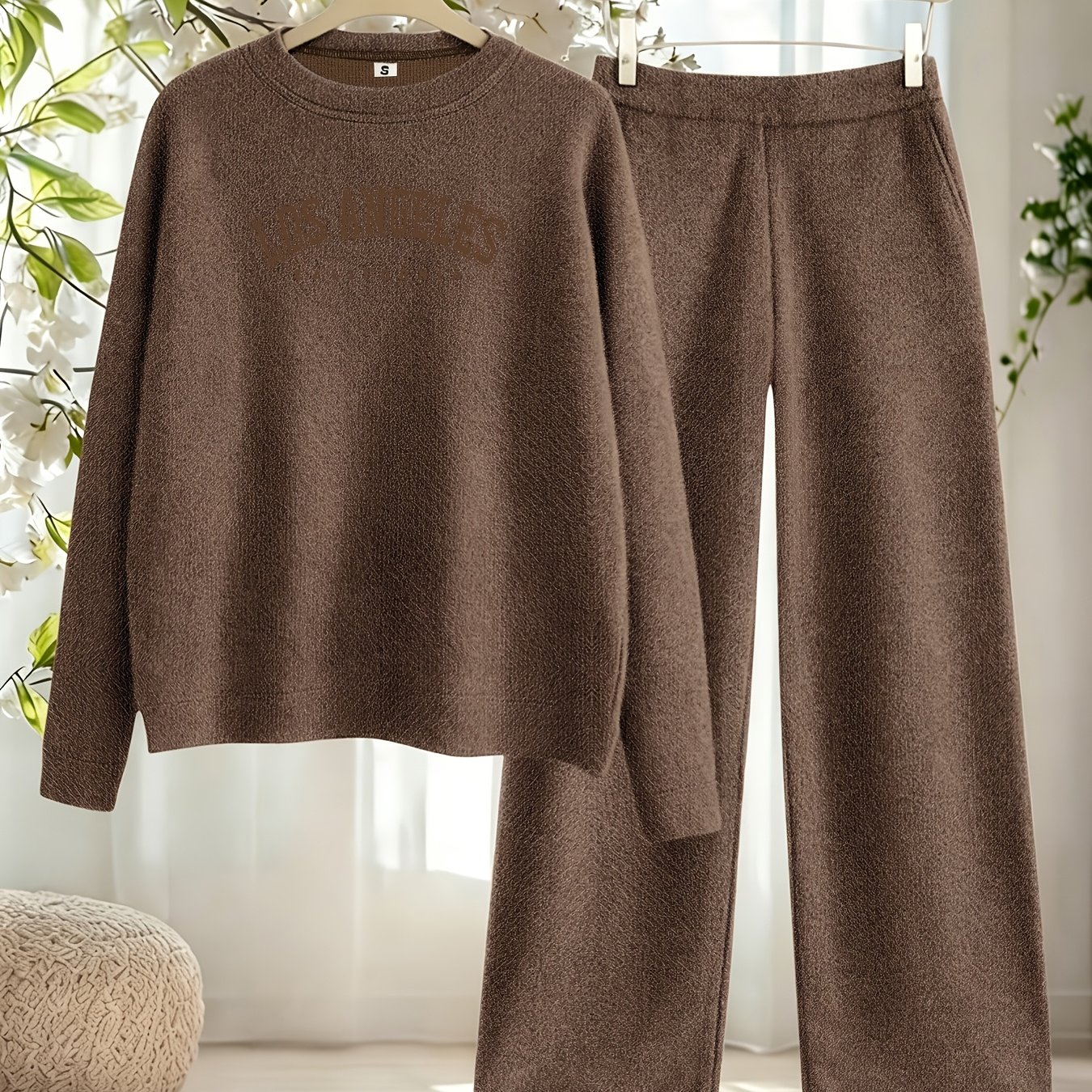 TEMU New Arrival Women's Fall Winter Thick 2pcs Outfit, Printed Loose Crew Neck Pullover Top Straight Leg Pants Set, Fashion Casual Long Sleeve Warm