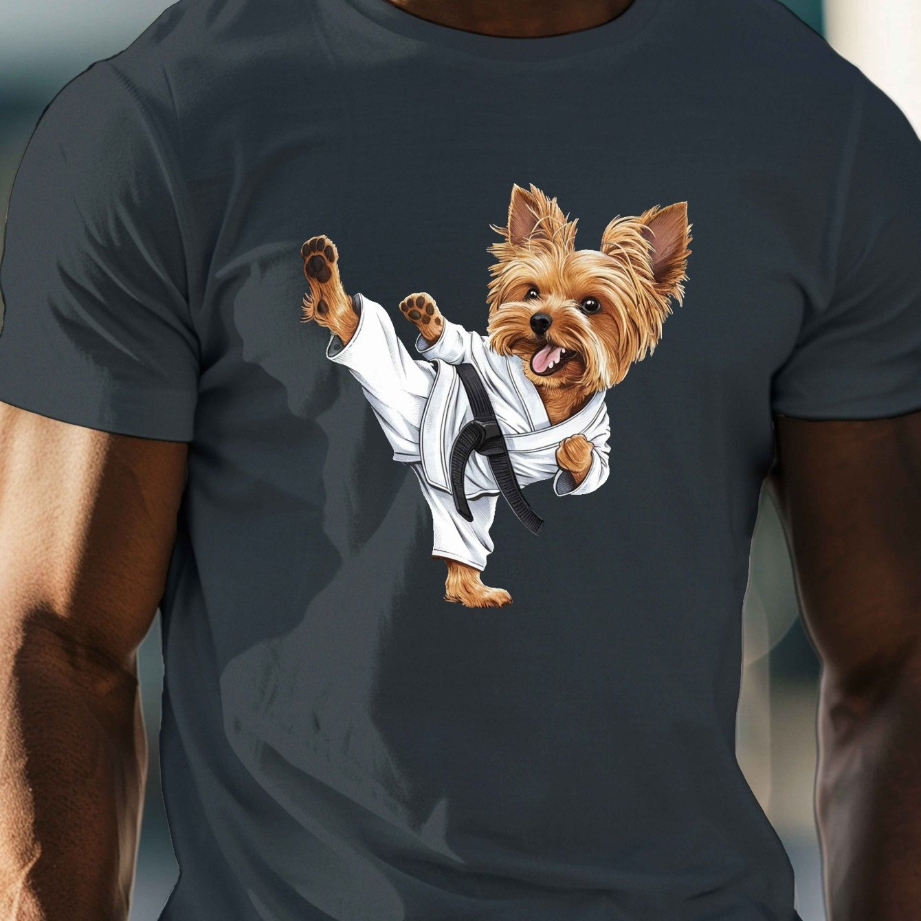 TEMU Men's Yorkshire Terrier Martial Arts T-shirt, Casual Crew Neck Short Sleeve Tee, 100% Polyester Knit Fabric, Stretch, Regular Fit, Summer
