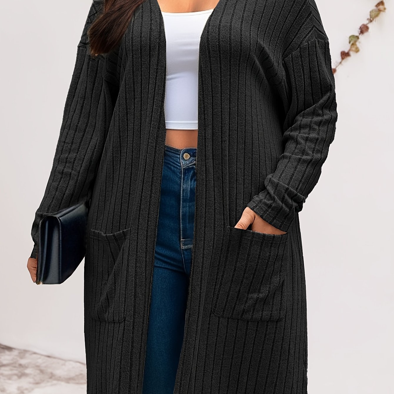 TEMU Plus Size - Plus Size - Long-sleeve, Double-pocket, Front-open, Drop-shoulder, Brushed Cardigan In A Comfortable And Elegant Style For Plus-size Women, Perfect For Autumn And Winter