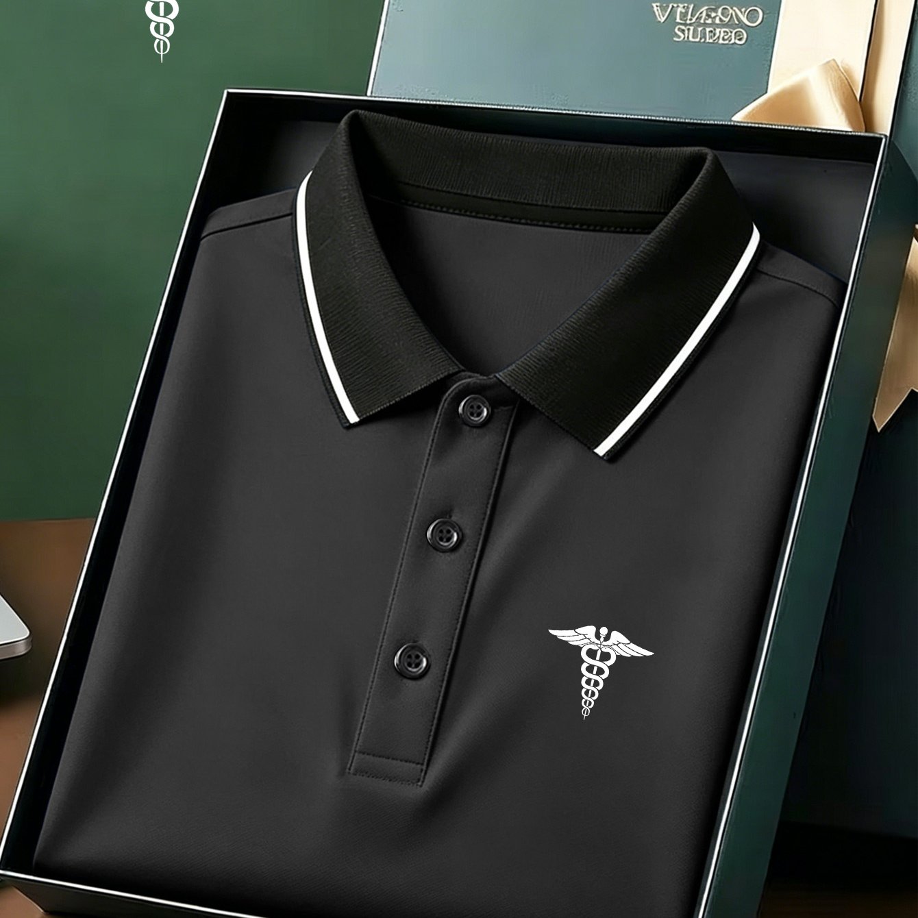 TEMU Men's Short-sleeve Shirt With Contrast Color And White The Lapel, Featuring A White Double- Rod Medical Symbol Print. Made From , Breathable,