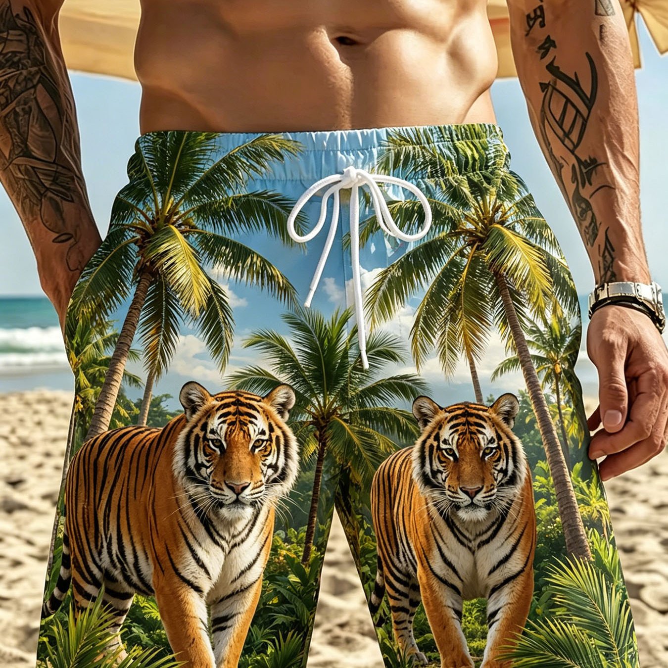 TEMU Plus Size Men's Clothing Men's Print Beach Shorts Casual Loose Athletic Bermuda Shorts Style Swim Trunks Trendy Palm Tree Pattern Everyday
