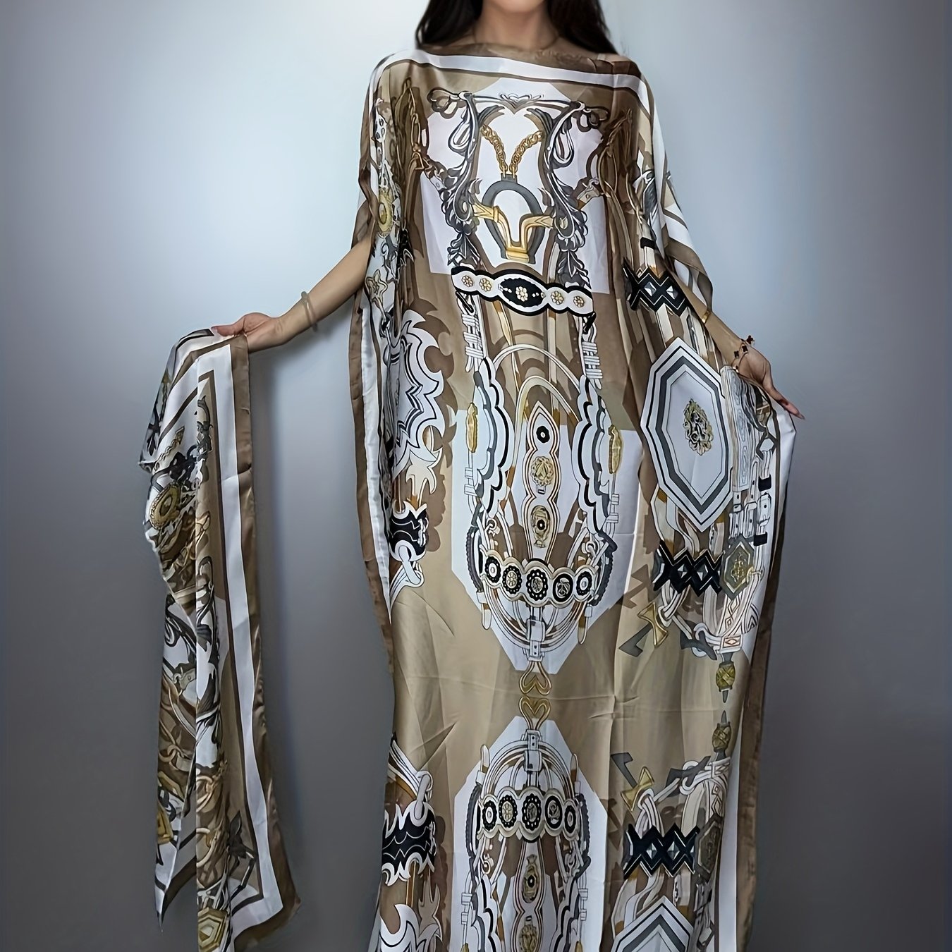 Image of Plus Size, Winyi Elegant Floral Print Boat Neck Abaya With Batwing Sleeves - Loose Fit Maxi Dress For Women
