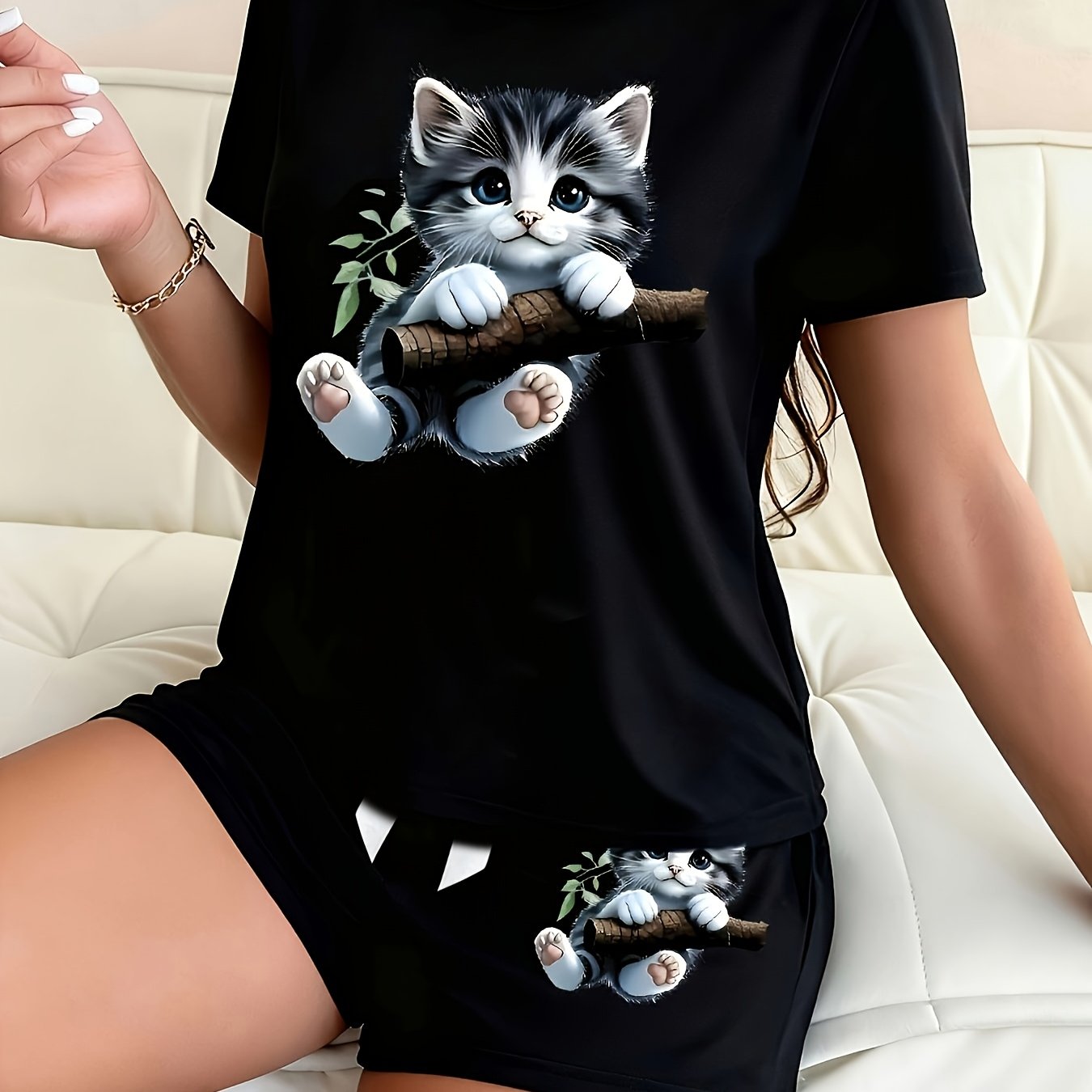 TEMU Pyjama pour femme à manches courtes et short avec joli motif de chat faisant l' à un arbre