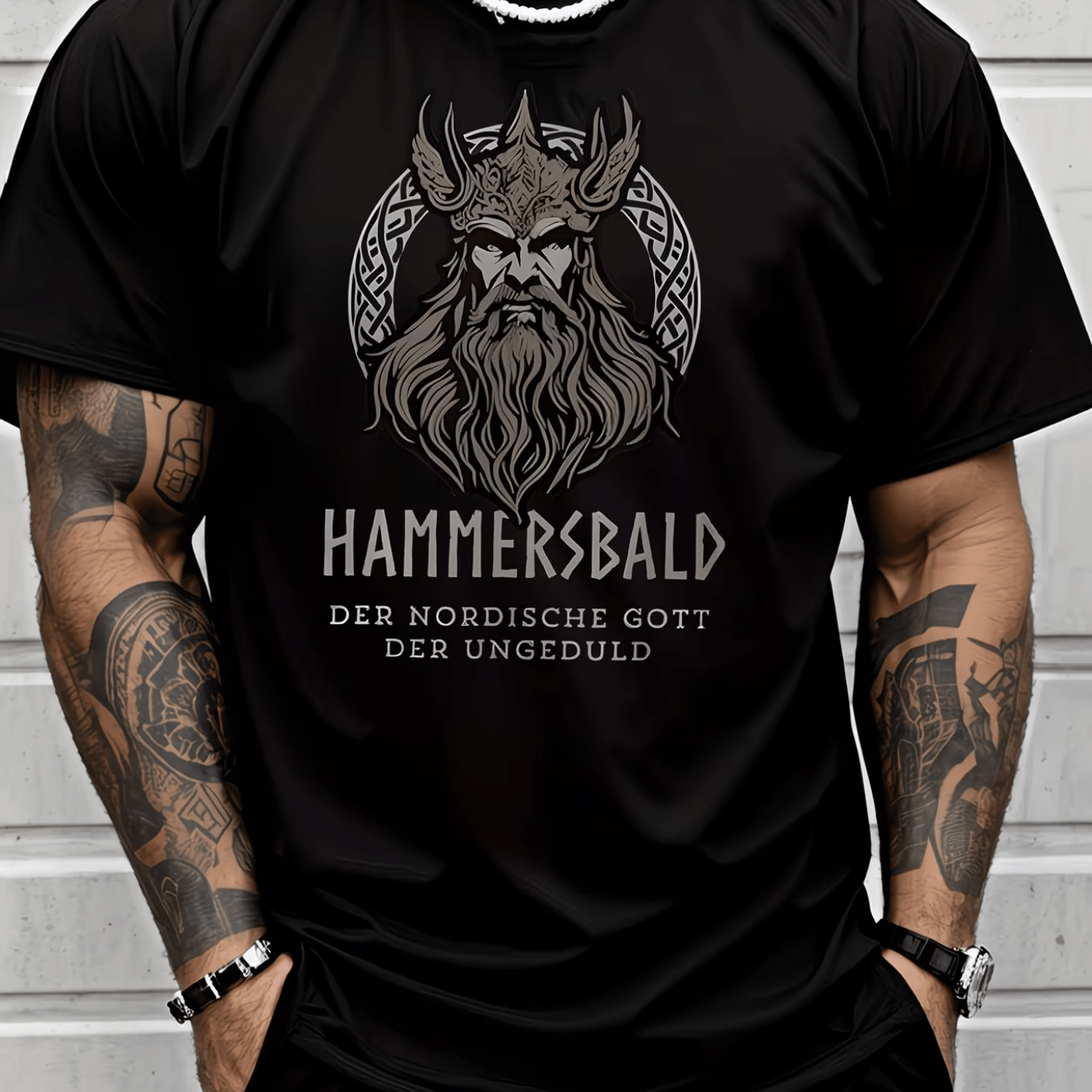TEMU Men's Summer Round Neck Short Sleeve T-shirt With 2d Printed Nordic Hammersbald Pattern, Viking Totem German-style Slogan, Vintage Dark Style