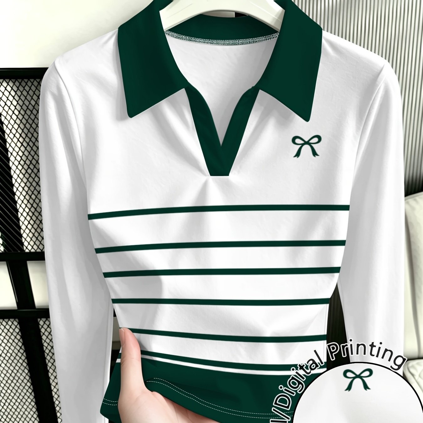 TEMU Plus Size, Women' Shirt With Dark Green Striped Bow, /autumn Slim Fit V-neck Base Layer Top
