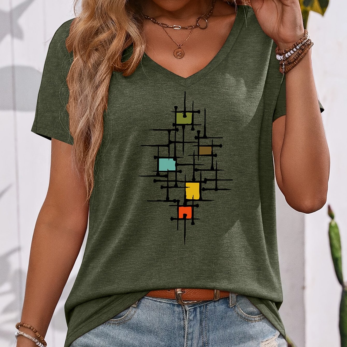 TEMU A V-neck Short-sleeve Shirt With An Abstract Geometric Decorative Pattern Print, Perfect For Travel, Leisure, Casual , And Everyday Women's Wear