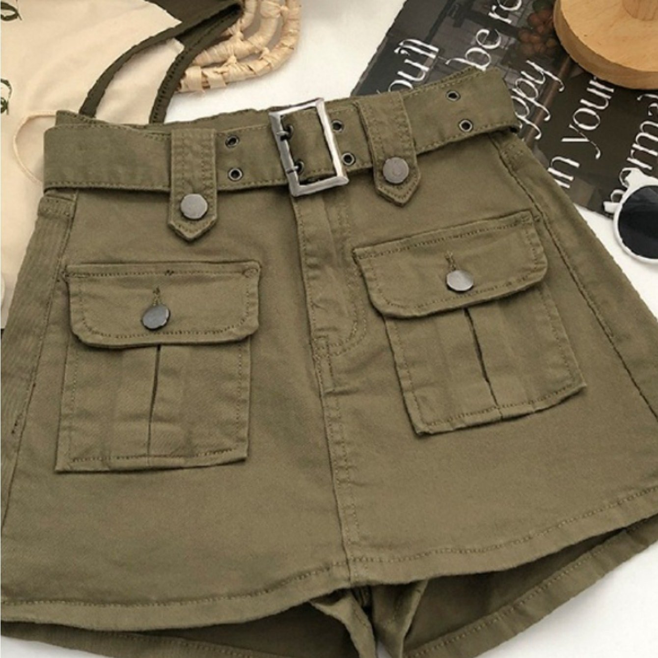 TEMU Women's High Waist Cargo Skort With Belt & Built-in Shorts - -line Mini Skirt, Belted Waistband, Machine Washable Short Length Suitable For,,