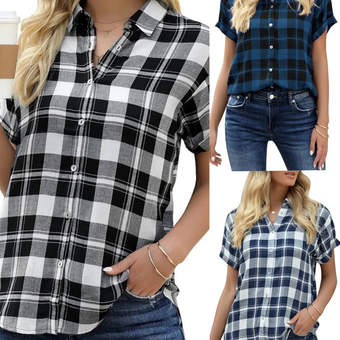 Image of Casual Short-sleeve Button-up Shirts For Women In A Loose Fit With A Summer Plaid Design