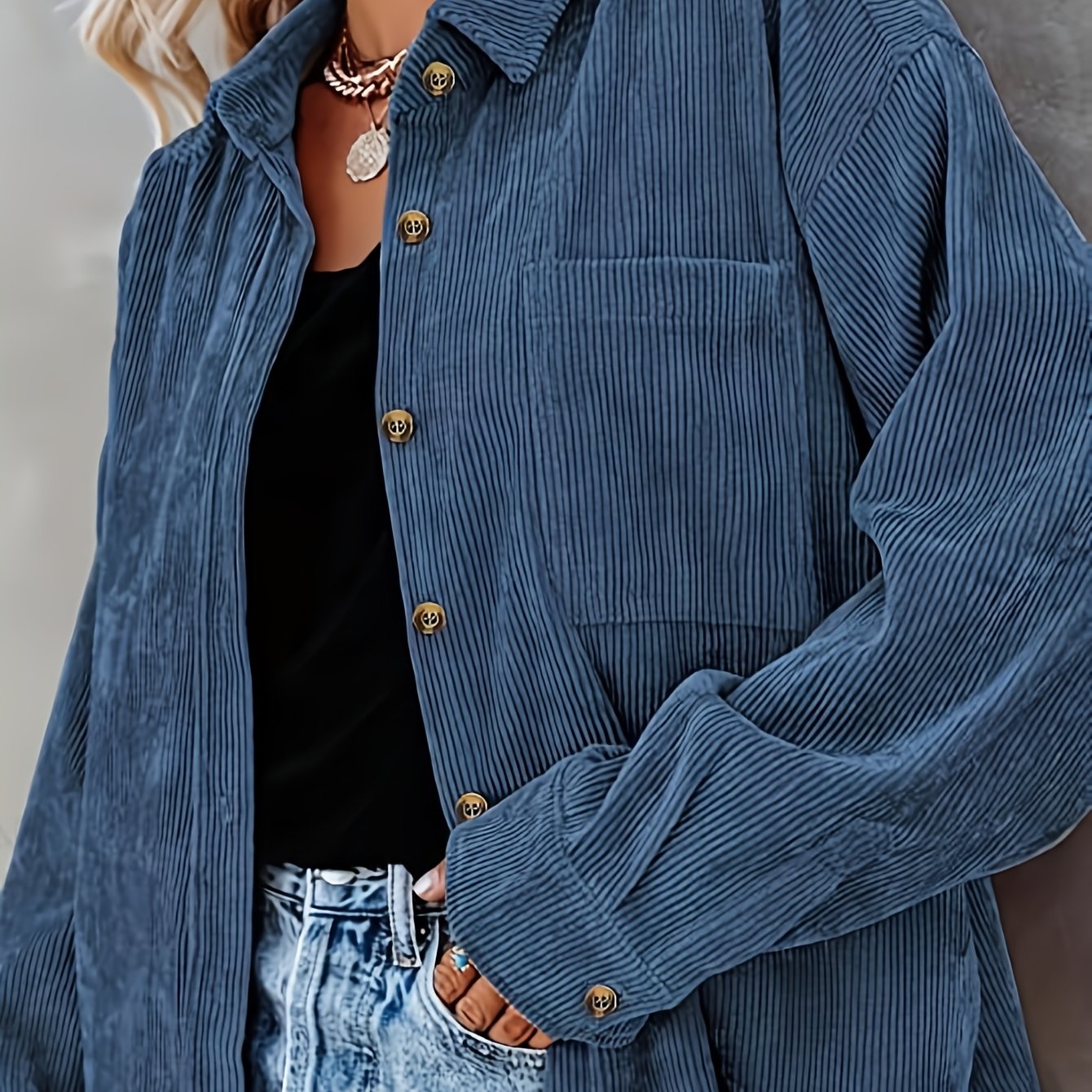 Corduroy Collar Button-up Casual Long Sleeve Shirt