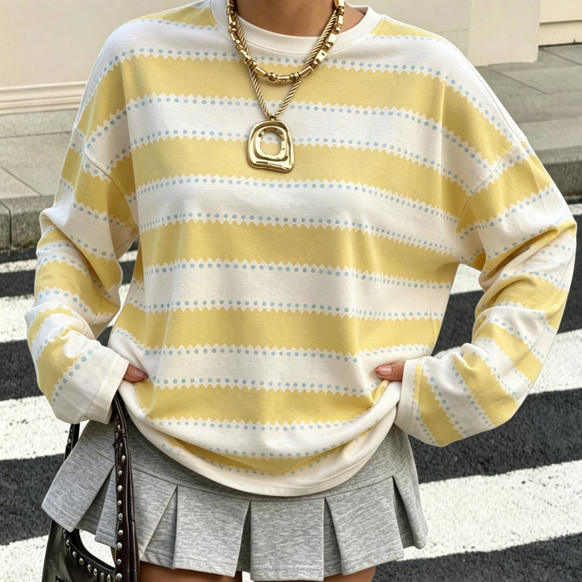 TEMU Plus Size, Korean-style Cream Yellow Polka Sweater - Oversized Size Round Neck Pullover, Off-shoulder Suitable For Commuting, Layering, - Wear,