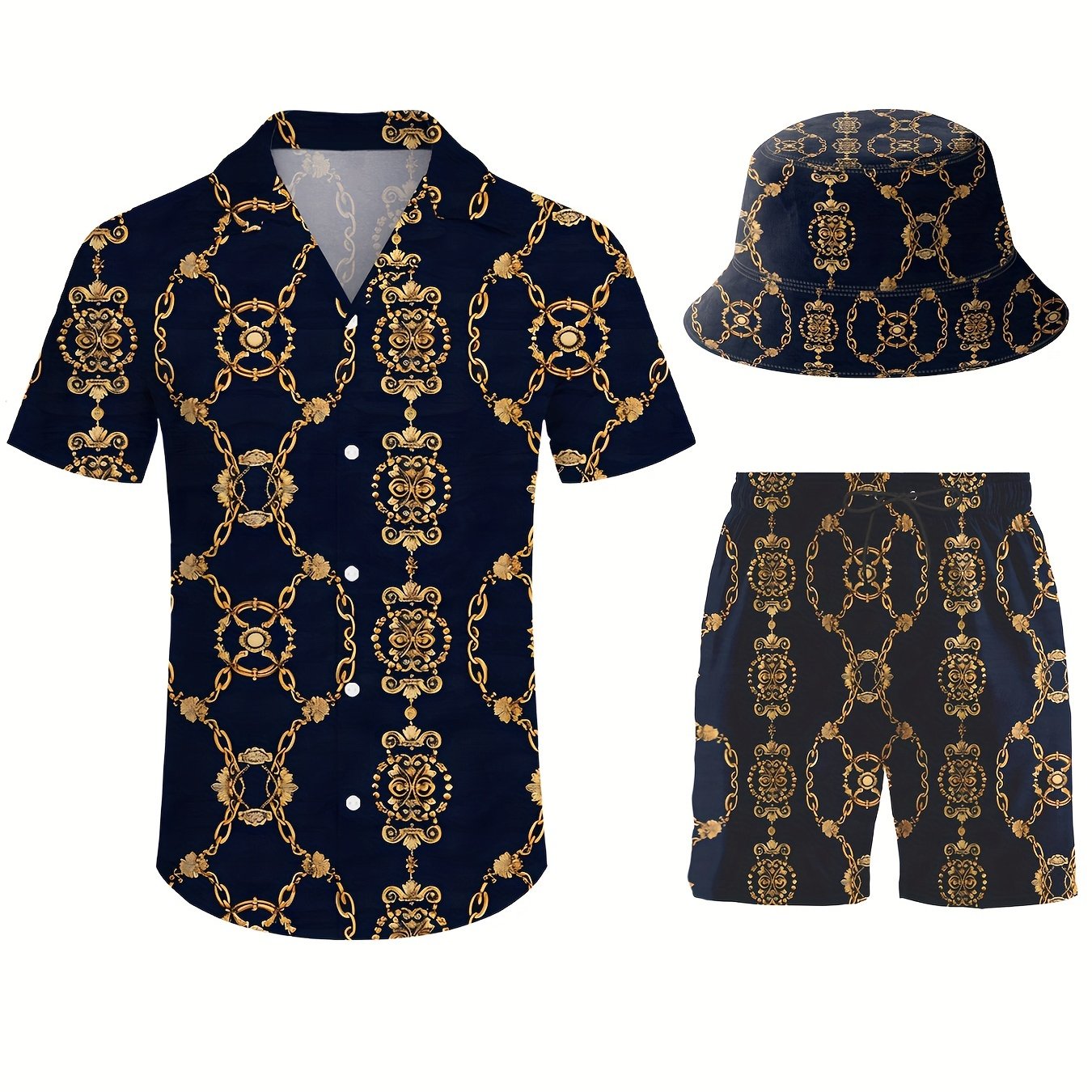 TEMU Men's 3pcs Retro Outfit Beach Set, Golden Chains Sportswear, Hawaiian Sportswear Set, Shirt Beach Shorts And Fisherman Hat Bucket Hat