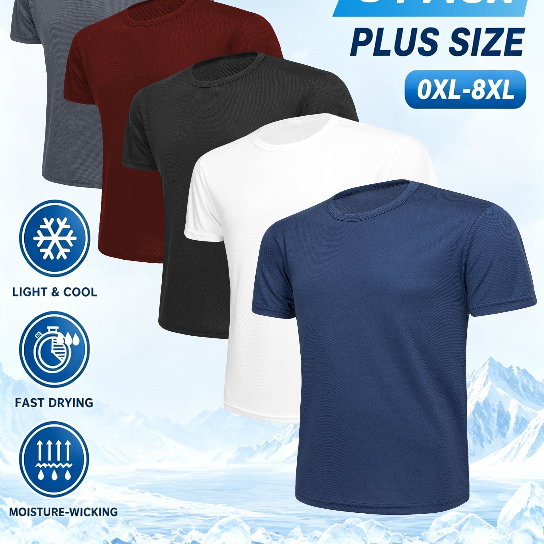 TEMU 5pcs Plus Size Men's Sports T-shirt, Black, White, Dark Gray, Blue, Red, Mixed Colors, Quick Drying Breathable Round Neck Short Sleeved Washable