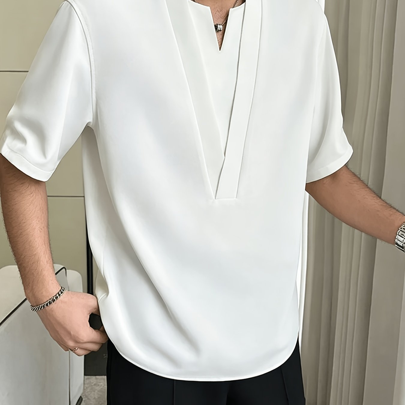 TEMU 남성용 반팔 블라우스 셔츠 - 캐주얼 루즈핏 단색 튜닉 탑, 기계 세탁 가능, 데일리웨어, 오피스 & 세미 정장용, 스트리트웨어 여름 블라우스, 일상 다용도 의류