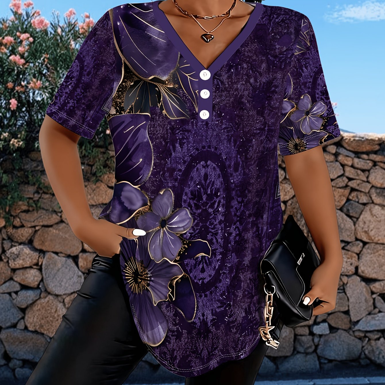 TEMU Women's Plus Size Purple Floral Print V-neck Short-sleeved Top, Loose And Design, Suitable For Daily Casual Wear