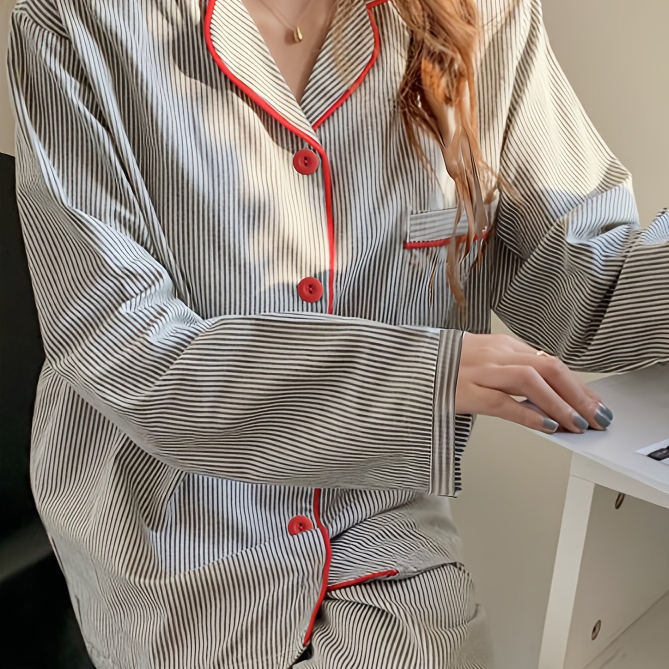 TEMU Casual And Simple Gray-white Striped, Long-sleeved, Button- Pajama Set - Comfortable For Daily Use, Spring/summer Loungewear