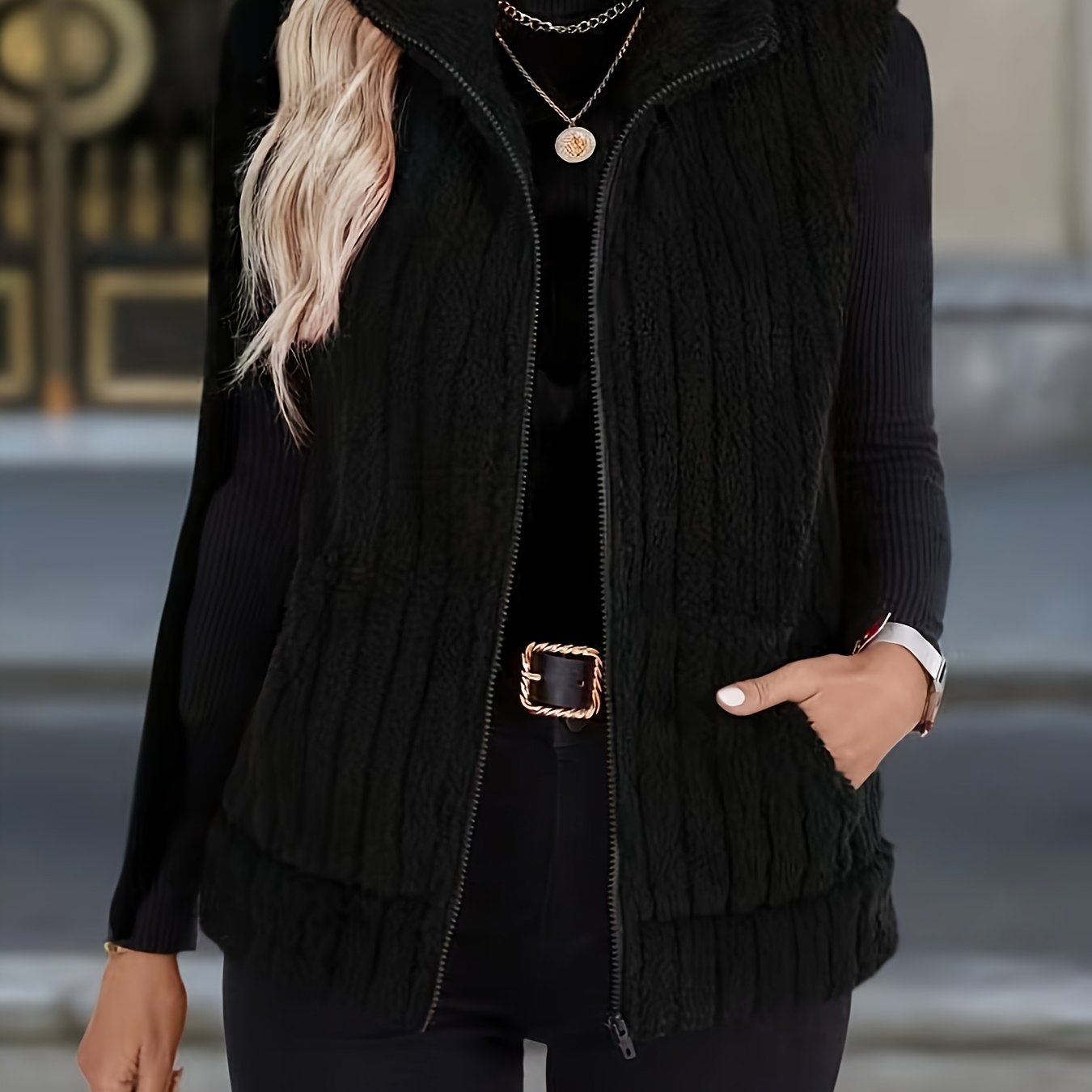 E-shop Einfarbige, doppelseitige Plüsch-Freizeitjacke mit Reißverschluss, Damen-Cardigan mit , Herbst- und Winter-Plüschweste (Gavin)