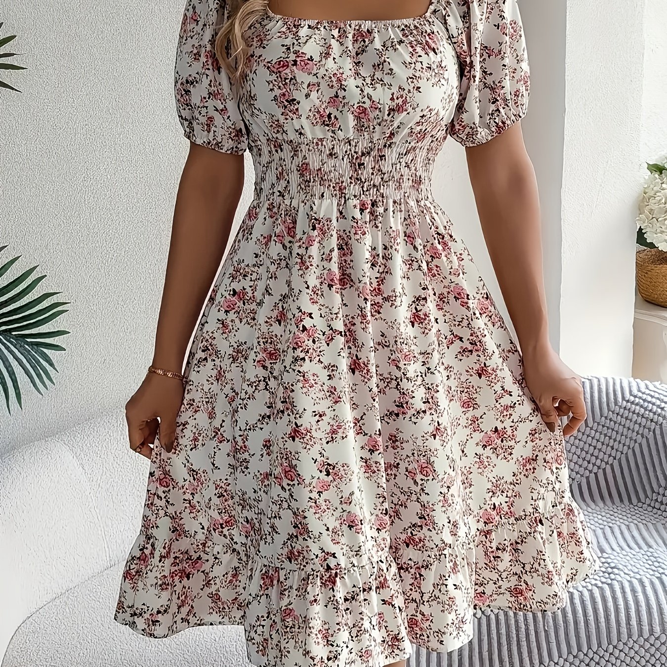 Spring/ Neck Floral Print Short Sleeve Waist-cinching A-line Skirt For Women