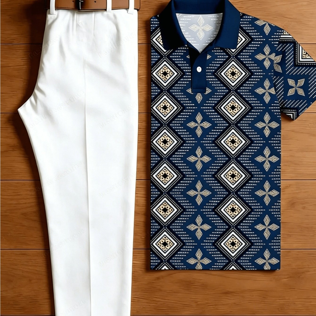 Image of Men's 2pcs Casual Outfit Set, Navy Ethnic Rhombus Floral Full Print Short Sleeve Shirt And Solid Straight Leg Chino Pants, Summer Holiday Matching Suit