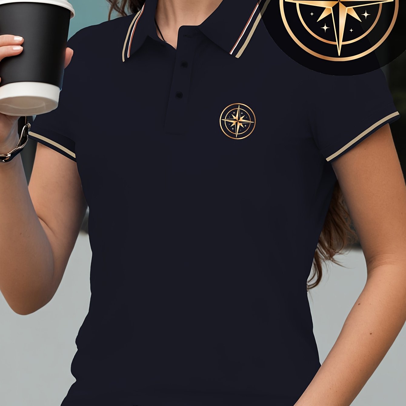 TEMU Vêtements de mode pour femmes, polo pour femmes, écusson , motif imprimé, , facile, décontracté, sport, printemps, haut à manches courtes