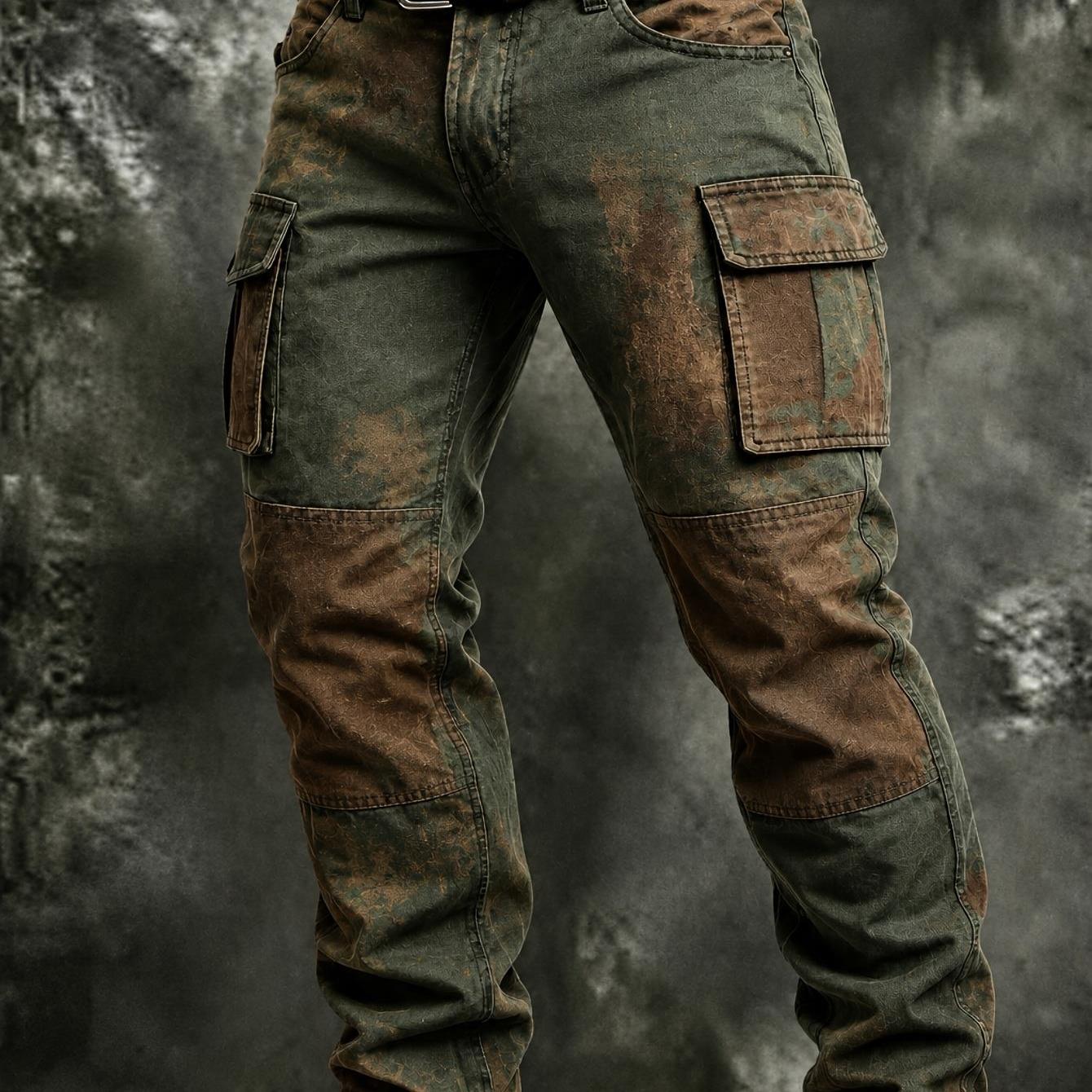 Image of Men's Army Green Brown Distressed Color Block Texture Printed Cargo Shorts Loose Fit Multi-pocket Casual Shorts With Adjustable Belt For Summer Daily & Outdoor Wear