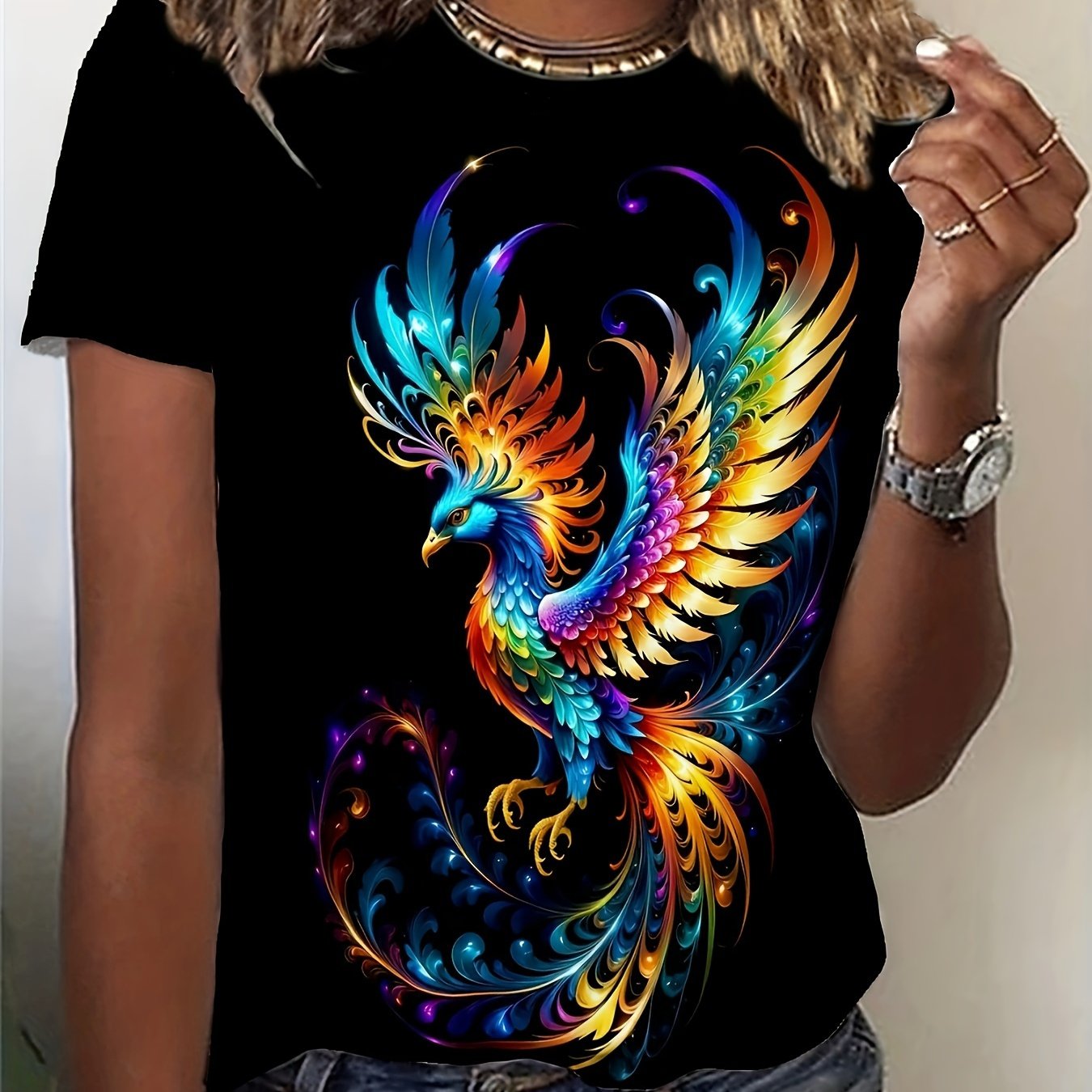 TEMU Phoenix Printed Round Neck Short Sleeve T-shirt, Suitable For Summer And Spring Casual Tops, Women's Clothing