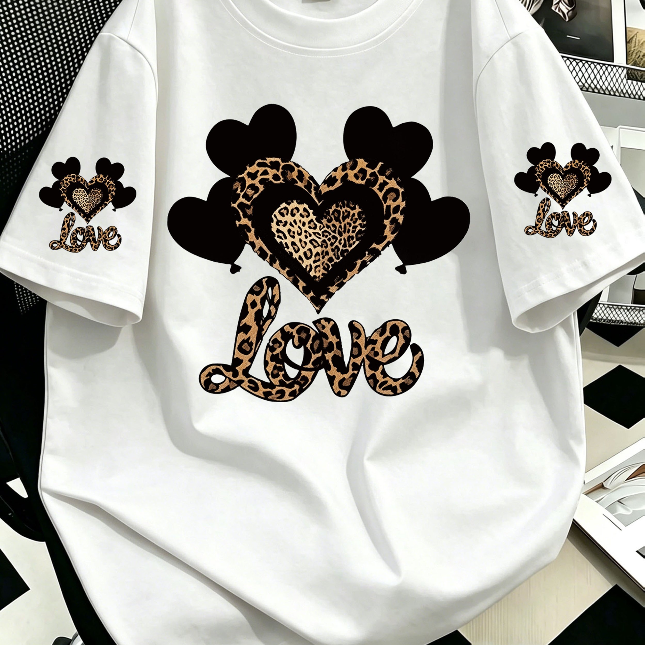 TEMU Plus Size Women's Casual Leopard Letter Round Neck T-shirt, Suitable For , Beach, Holiday, Spring, Valentine's Day, Carnival, Mother's Day Gift;
