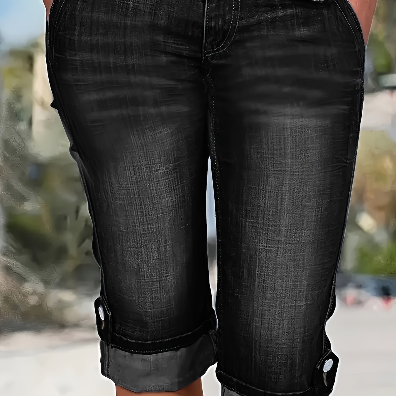 Image of Women's Plus-size Stretchy Fitted Casual Rolled Hem Denim Shorts, Like Biker Jeans