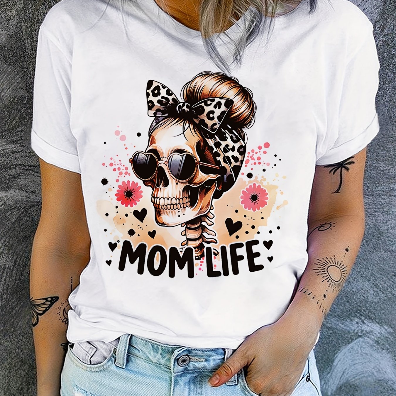 Image of Skull Portrait Letter Print Round Neck Halloween T-shirt, Casual Daily S Shirt, New Holiday Costume Short Sleeve Top