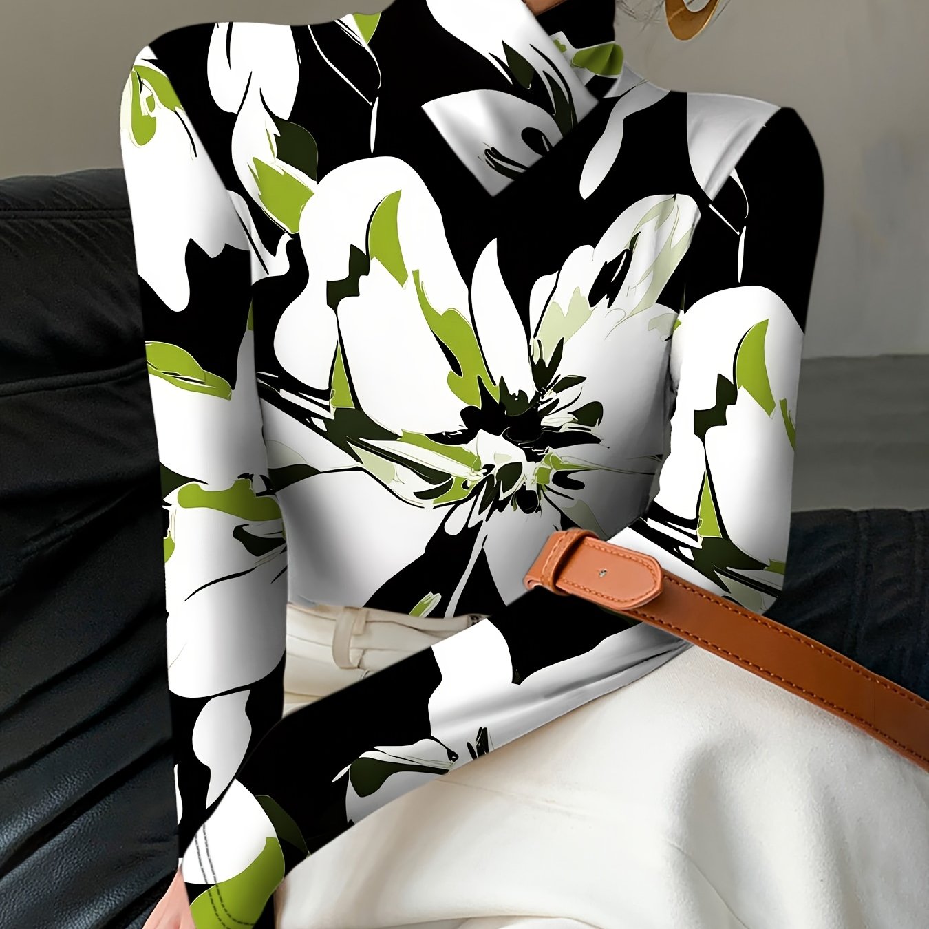 TEMU 1бр. Дамска секси тениска с флорален принт, висока яка, дълъг ръкав, 100% полиестерна плетена материя, обикновена дължина, подходяща за всички .