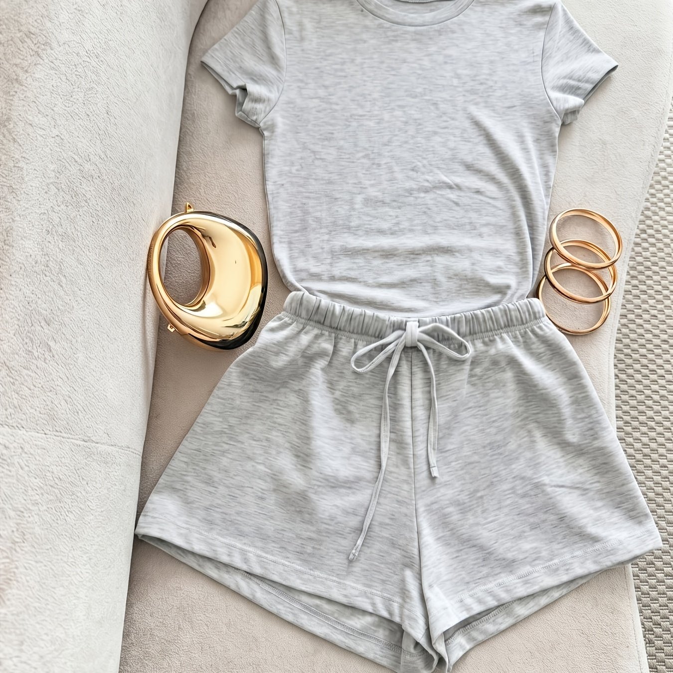 TEMU Summer Gray Fitted Short-sleeved T-shirt And Loose Casual Shorts 2pcs Set