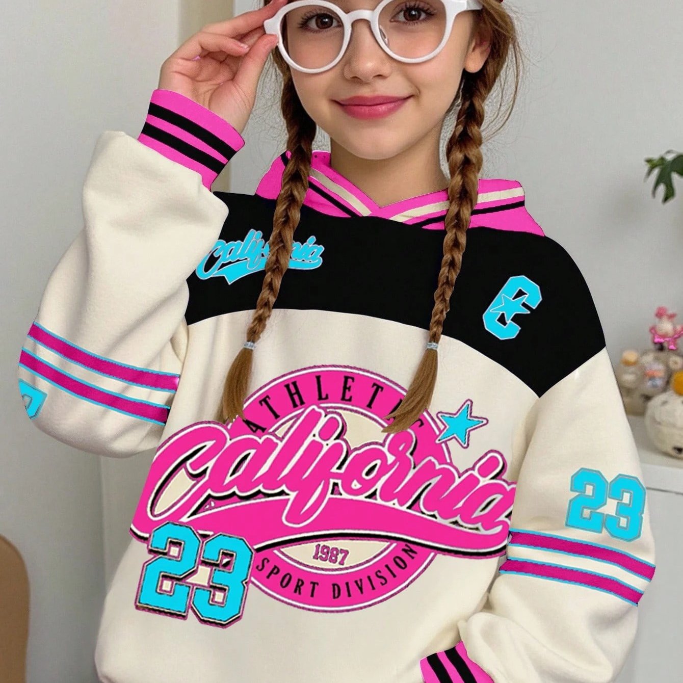 Image of Girls' Sporty Hooded Sweatshirt, Blending California Vibes With Sporty Digital Elements, Features Bright Colors And A Fashionable Style, Making It A High-quality For A Vibrant, Girly Look