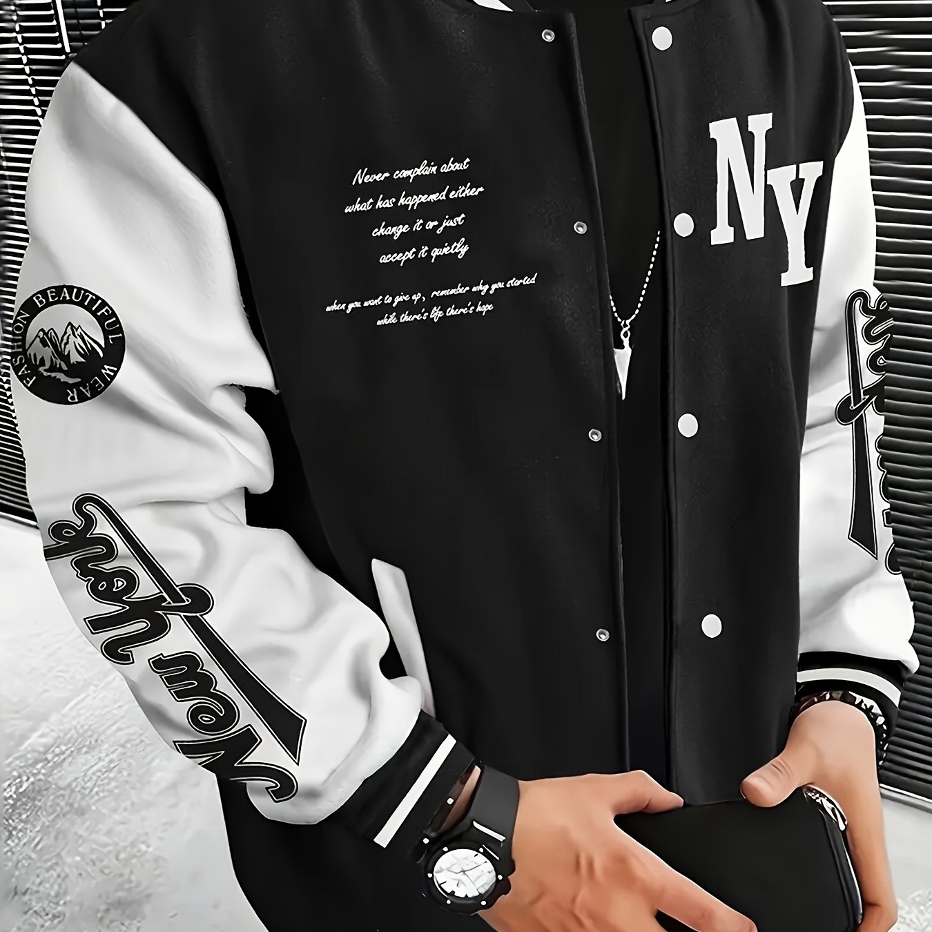 TEMU Plus Size Men's Casual Sports Jacket, Letter Ny Pattern Color Black & White Varsity Style Jacket For