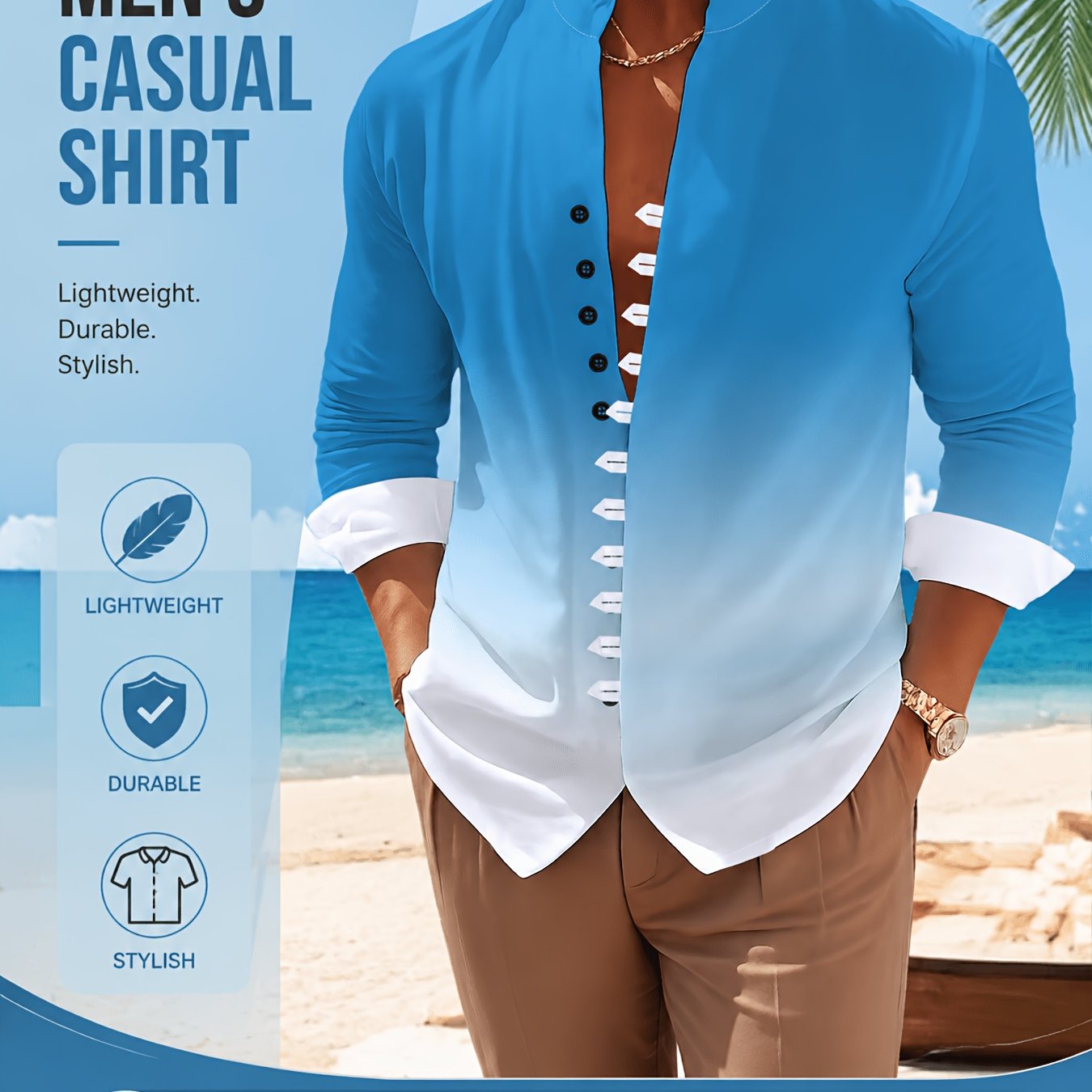 TEMU Men's Gradient Color Button-front Shirt Collar Long Sleeve Shirt - Slim Fit Stand Collar Blouse Top With 11-button , Machine Washable Suitable