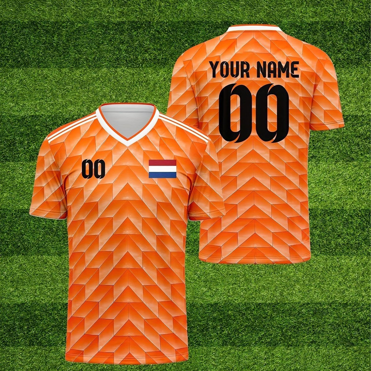 TEMU Custom V-neck Soccer Jersey - Personalized Name And Number, Breathable Fabric, Short Sleeve, Suitable For Summer Parties, Sports Events, And